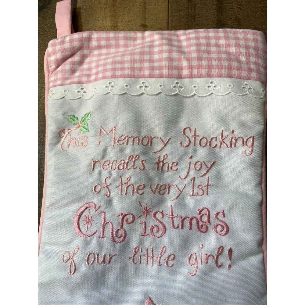LITTLE GIRLS PINK & White 1st Christmas STOCKING Memory Stocking Vintage New‎